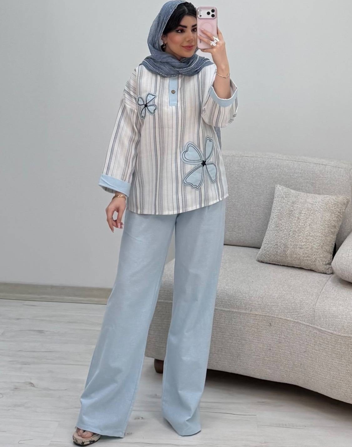 ست زنانه شومیز باکسی بیسکوئیتی با شلوار بگ لنین