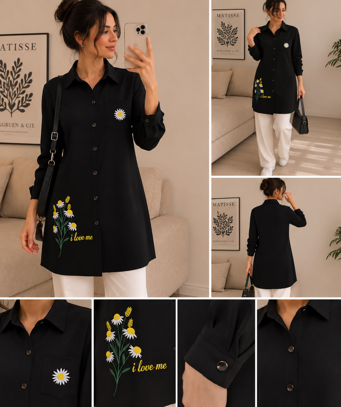 شومیز مانتویی گلدوزی طرح بابونه ابروبادی
