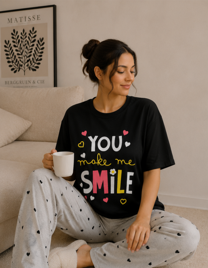 تیشرت لانگ چاپی قلبی you smile