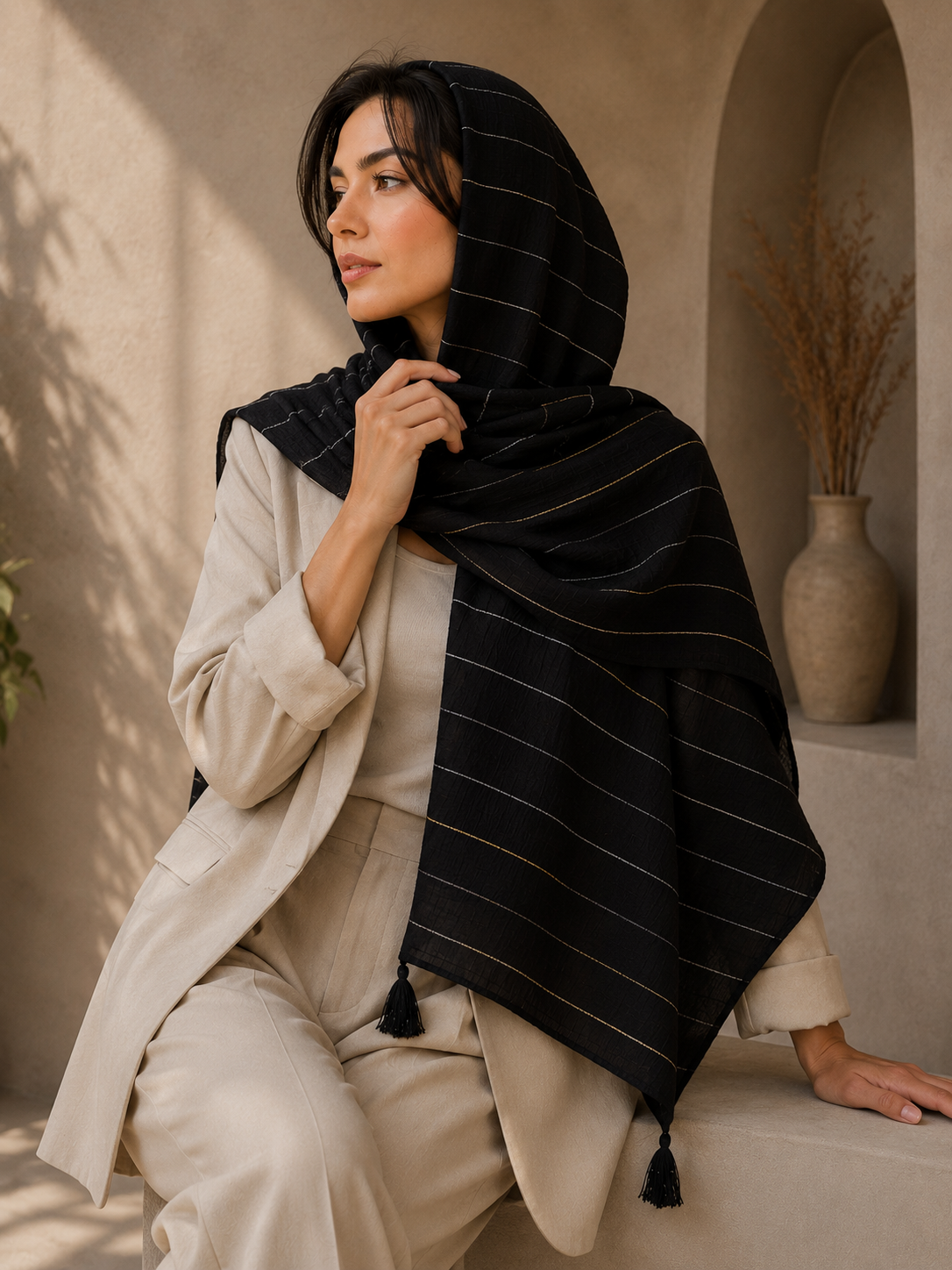 شال مشکی نخی کریشه طرح ابرنگی